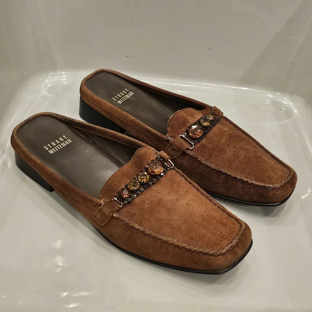 [LIKE NEW] Stuart Weitzman Brown Suede Rhinestone Jeweled Mules Loafers Sz 8.5